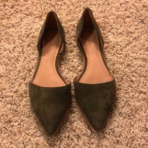 Olive green suede Madewell flats.